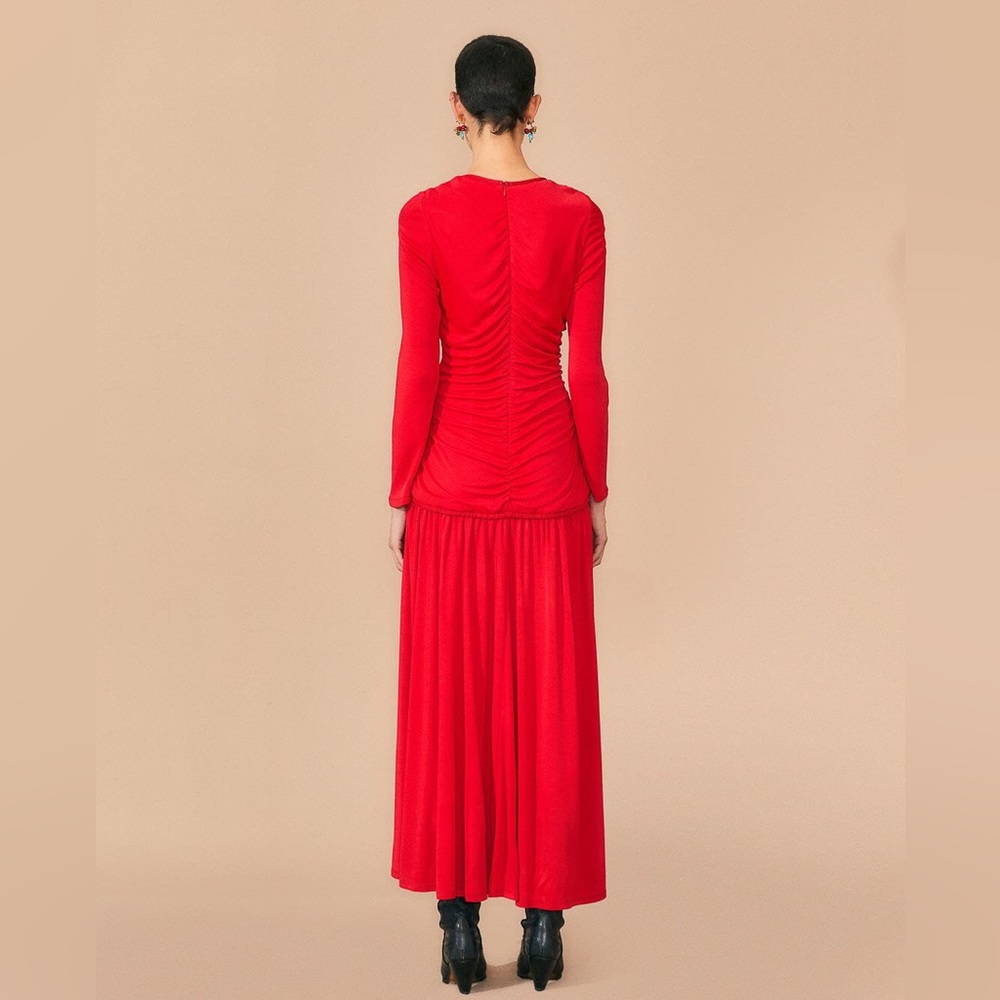 FARM Rio Red Long Sleeve Ruched Midi Dress - Picture 2 of 12